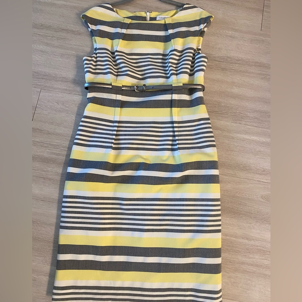 Calvin Klein Yellow, White & Gray Striped Sheath Dress